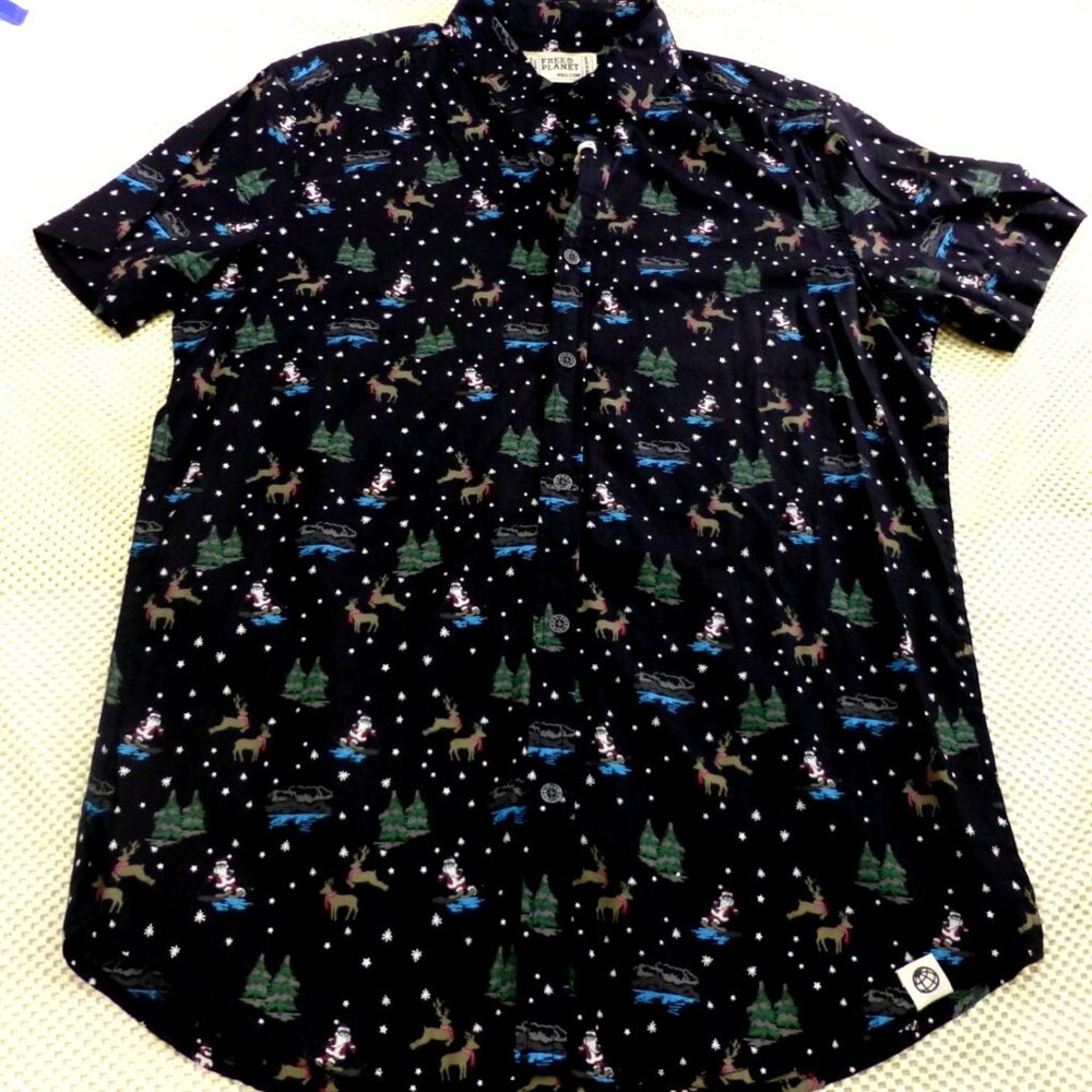 Free Planet Mens Christmas Santa Reindeer‎ Button Up Shirt Black FN9P14BLKC3 M